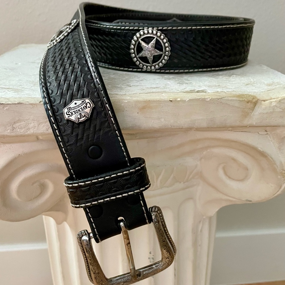 Cavender's Men's Basket Weave & Silver Star Concho Silver Buckle Western Belt 38